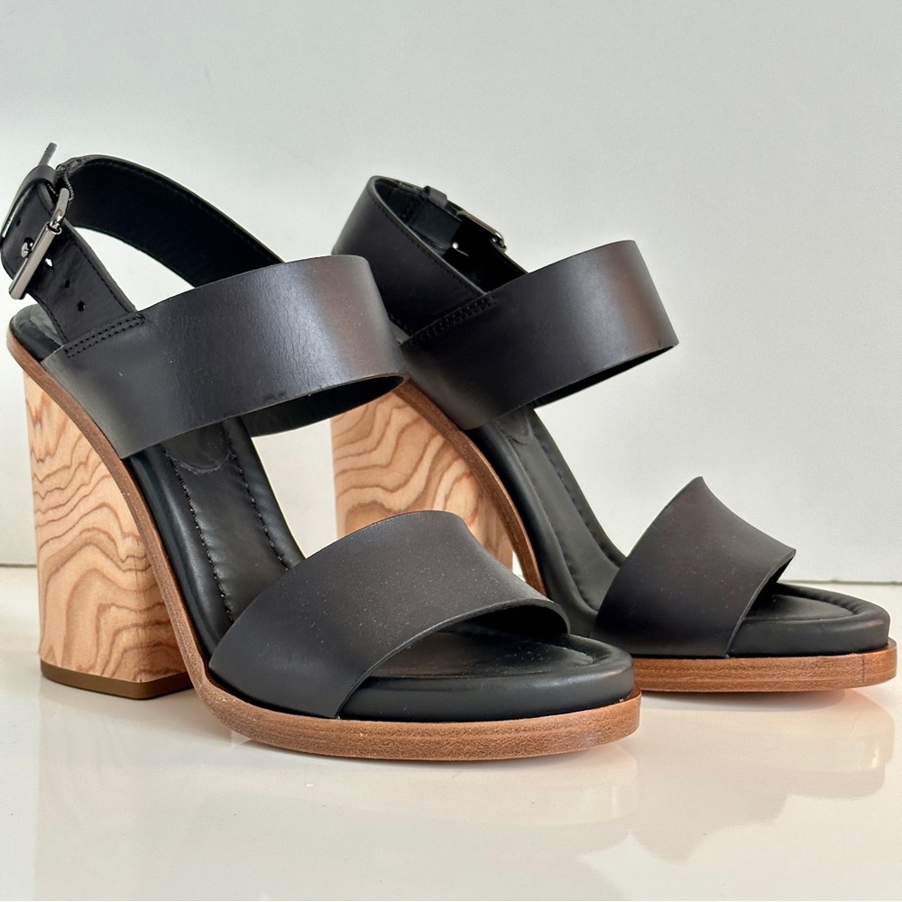 New* Vince Black Leather Block Heel Sandals with Wood-Effect Heel